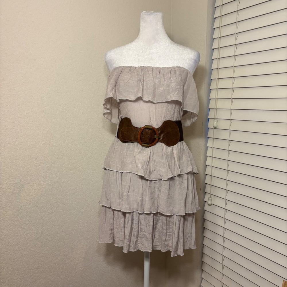 Coco Love Strapless Tiered Ruffle Belted Mini Dress Cream Brown Size S Boho